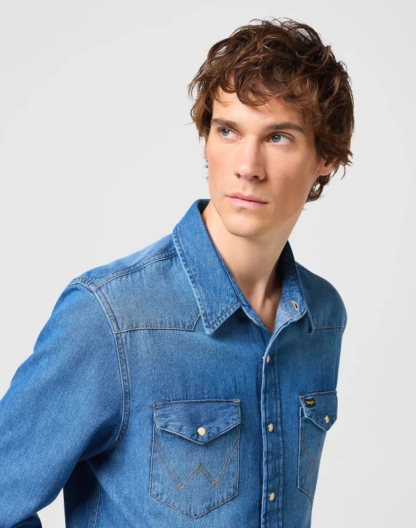 Wrangler Denim Shirt Icon Mid Stone - Image 4