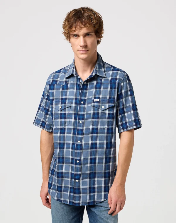 Wrangler Short Sleeve Western Shirt - Light Blue Indigo