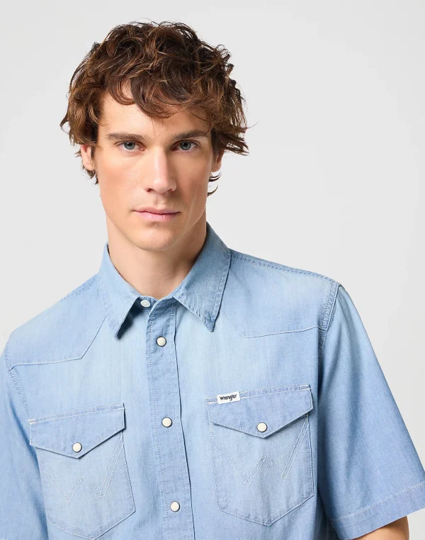Wrangler Short Sleeve Western Shirt In Light Stone - Image 3