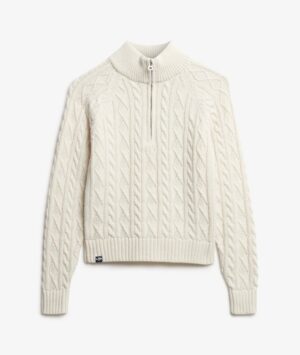 Superdry Slim Cable Half Zip Knit Jumper - Ecru